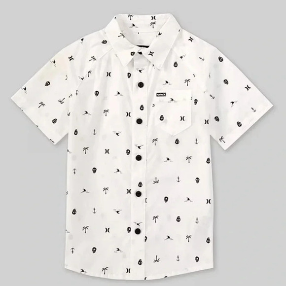 Hurley Other - Boys Woven Cotton Collared Button Up Short Sleeve White Skull Island Sundays XL
